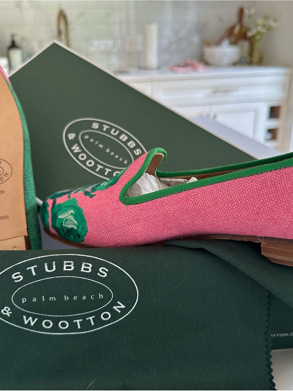Stubbs & Wootton Pink and Green Floral Embroidered Slip-On Loafers - Picture 5 of 7